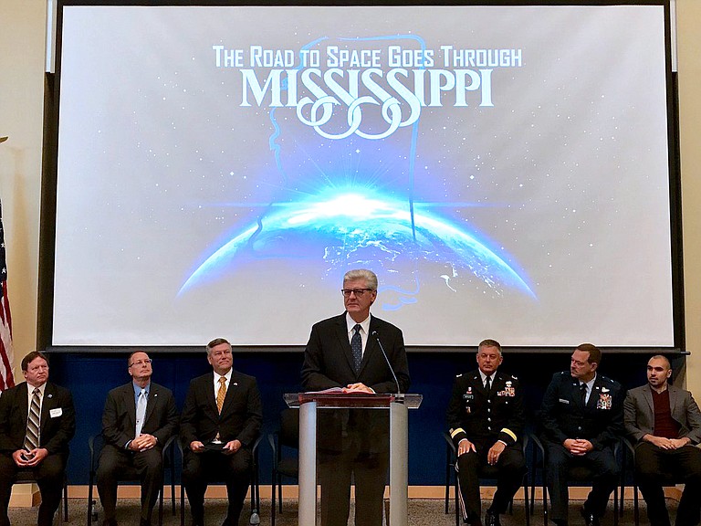 Republican Gov. Phil Bryant announced the Space Initiative on Monday during an event at Stennis Space Center in coastal Hancock County, where NASA rocket engines are tested. Bryant also announced the formation of a Mississippi National Guard Space Directorate. Photo courtesy Twitter/Phil Bryant