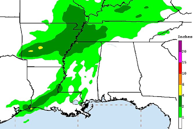 Barry was downgraded from a tropical storm on Sunday afternoon but continued to pose a threat. Much of Louisiana and Mississippi were under flash-flood watches, as were parts of Arkansas, eastern Texas, western Tennessee and southeastern Missouri. Photo courtesy NOAA