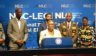 At a press conference on July 17, Mayor Karen Freeman-Wilson of Gary, Ind., welcomes delegates attending the National Black Caucus of Local Elected Officials summer conference in the city of Jackson. Photo by Josh Wright