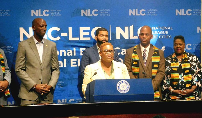 At a press conference on July 17, Mayor Karen Freeman-Wilson of Gary, Ind., welcomes delegates attending the National Black Caucus of Local Elected Officials summer conference in the city of Jackson. Photo by Josh Wright