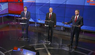 A televised forum Tuesday night was the only time Mississippi Lt. Gov. Tate Reeves has debated former Mississippi Supreme Court Justice Bill Waller Jr. and state Rep. Robert Foster before the Aug. 6 party primaries. Photo courtesy WJTV