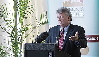 Fourth-term Attorney General Jim Hood, who is white, was courting African American voters in Mississippi's largest county, who will play an important part in deciding the eight-person Democratic primary on Aug. 6. Photo by Imani Khayyam