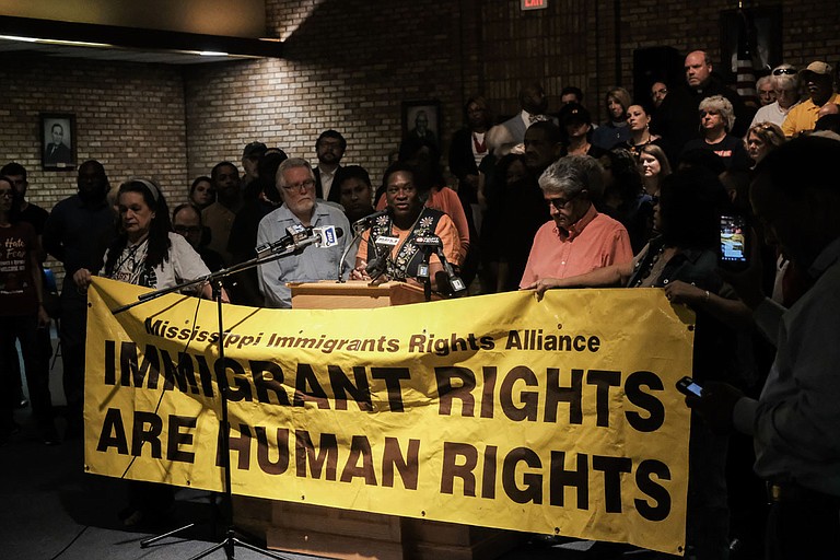 Patricia Ice, director of the Mississippi Immigrant Rights Alliance Legal Project, addressed Aug. 7 ICE raids at a press conference in Jackson. "We're not going to stop protesting. We're not going to stop decrying all this until it is ended," she said. Photo by Ashton Pittman