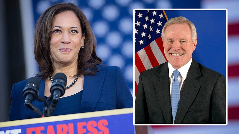 Former Mississippi Gov.Governor Ray Mabus (inset right) endorsed U.S. Sen. Kamala Harris (left) in the Democratic Party’s presidential primary in a Friday statement that her campaign sent out to members of the press. Harris courtesy Kamala Harris for the People. Mabus photo courtesy United States Navy.