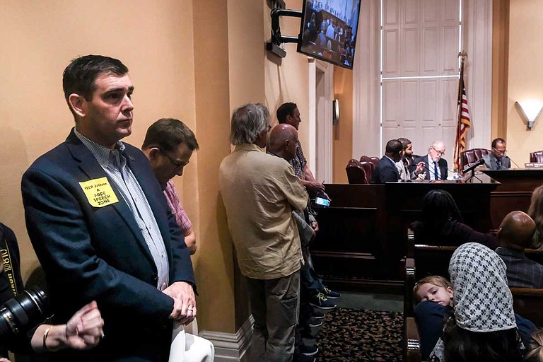 Mississippi Agriculture Commissioner Andy Gipson joined other anti-abortion protesters at a special Jackson City Council meeting on Sept. 26, 2019. The City is set to vote on a proposal to limit protest activities outside the state's only abortion clinic. A sticker on his jacket reads, "Keep Jackson a Free Speech Zone." Photo by Ashton Pittman
