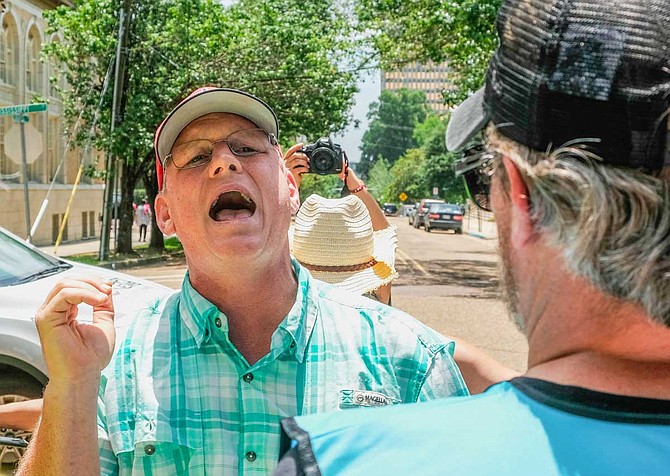 Anti-abortion activist Coleman Boyd, who often protests outside the Jackson Women's Health Organization with shouting and loud speakers, crashed an abortion-rights demonstration at the Mississippi State Capitol on May 21, 2019. Photo by Ashton Pittman