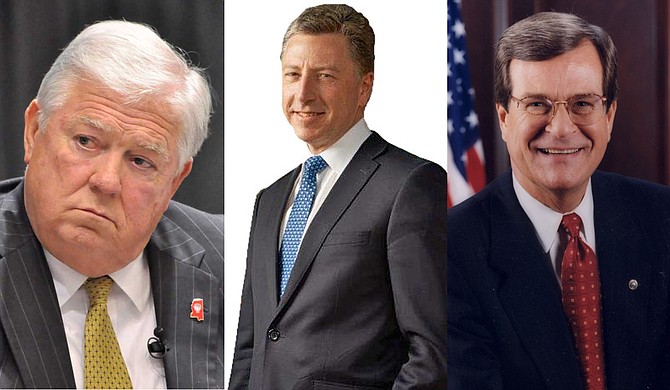 Former Mississippi Gov. Haley Barbour, left, who co-founded a lobbying firm tied to former U.S. diplomat Kurt Volker, center. Former U.S. Senate Majority Trent Lott of Mississippi has lobbied for a Russian Bank and Saudi Arabia in recent years. Barbour photo by Trip Burns; Volker photo courtesy BGR Group website; Lott photo courtesy U.S. Senate.