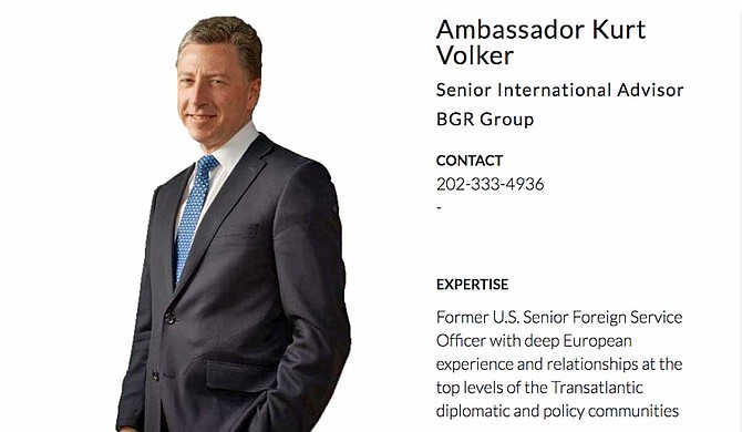 Texts show that former Ambassador to NATO Kurt Volker served as an envoy between Donald Trump and Ukraine President Volodymyr Zelensky, but stepped down last week, as well as from his role with the McCain Institute. He is also a paid consultant with BGR Group, a lobbying firm Mississippi native Haley Barbour co-founded, which lobbies on behalf of Ukraine. Photo courtesy BGR Group Website