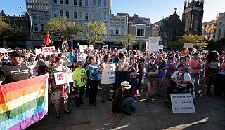 Hundreds of activists gathered outside the governor's mansion in downtown Jackson in April 2016 to protest Mississippi's "religious liberty" law, H.B. 1523, which granted business owners the right to discriminate against LGBT people based on religious beliefs or "moral convictions." Photo by Imani Khayyam