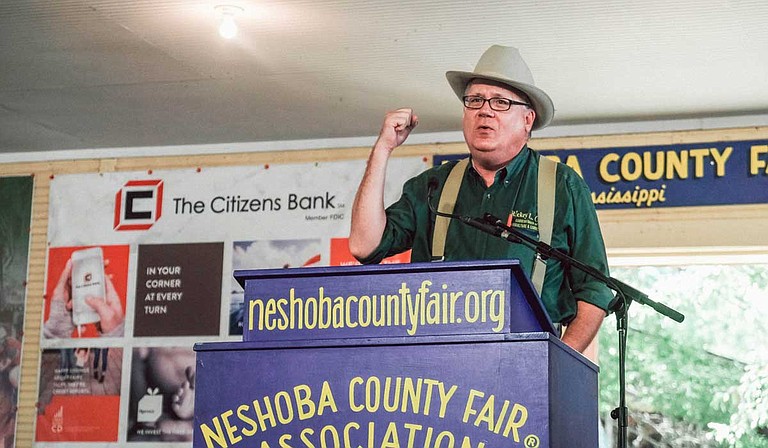 Former Mississippi Democratic Party Chairman Rickey Cole, a 2019 candidate for secretary of agriculture, spoke at the Neshoba County Fair in Philadelphia, Miss., on Aug. 31, 2019. Photo by Ashton Pittman.