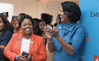 Jennifer Riley Collins (left), the Democratic nominee for Mississippi attorney general, stands next to Democratic U.S. House Rep. Jahana Hayes, the first black woman to represent Connecticut in Congress, at EMILY's List's Black Women Who Lead event in September. EMILY's List endorsed Collins on Oct. 15. Photo by ShaDonna Jackson courtesy EMILY's List.