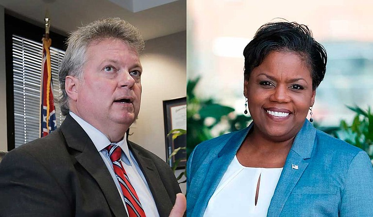 On Oct. 10, Jim Hood (left) debated the Republican gubernatorial nominee, Lt. Gov. Tate Reeves, before an audience in Hattiesburg. One of the moderators, Byron Brown of Jackson's WJTV-TV, noted the Democratic nominee for attorney general, Jennifer Riley Collins (right), has publicly criticized Hood for not supporting her campaign. Photo by Ashton Pittman