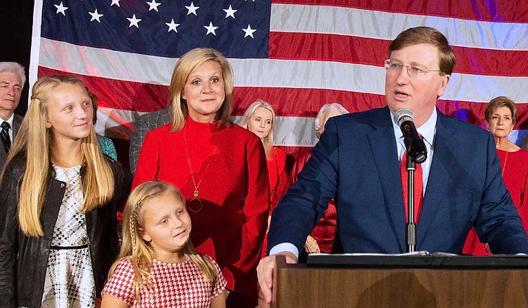 Mississippi Lt. Gov. Tate Reeves delivers his victory speech after winning the Mississippi governor's seat at the Westin Hotel in downtown Jackson, Miss., on Nov. 5, 2019. Reeves defeated his Democratic opponent Jim Hood, winning 52.32% of the vote.