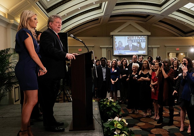 With his family beside him, Democratic Attorney General Jim Hood concedes defeat in the race for Mississippi governor at the King Edward Hotel on Nov. 5, 2019. He was the last Democrat who still held statewide office. Photo by Ashton Pittman.