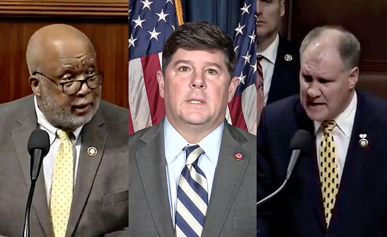 Mississippi's members of Congress spoke on the U.S. House floor ahead of the Dec. 18 impeachment vote, including Democratic U.S. House Rep. Bennie Thompson (left) and Republican U.S. House Reps. Steven Palazzo (center) and Trent Kelly (right). Photos courtesy CSPAN and Palazzo Twitter