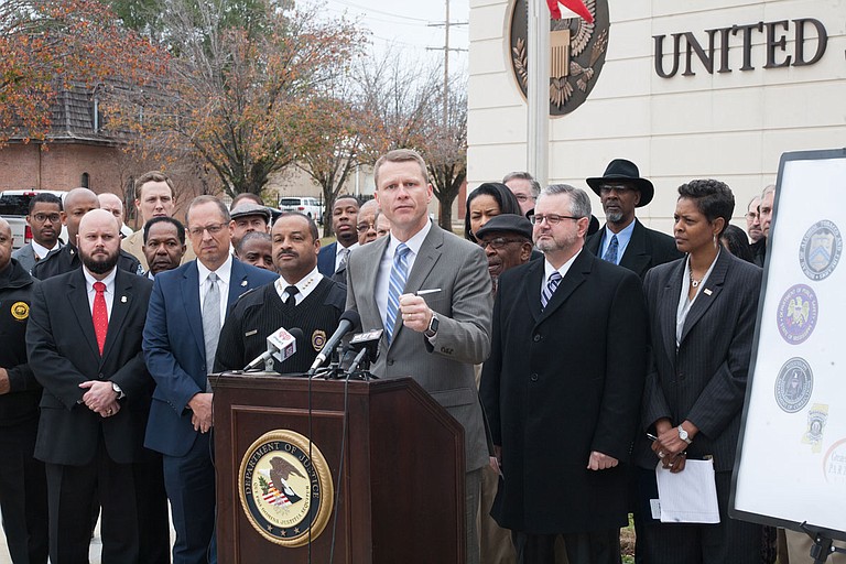U.S. District Attorney Mike Hurst announced Project EJECT on Dec. 7, 2017 with then-Jackson Police Chief Lee Vance (left) and former FBI Special Agent Christopher Freeze (right). Photo by Stephen Wilson