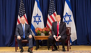 Trump presented the plan at a White House ceremony with Israeli Prime Minister Benjamin Netanyahu (left) and other Israeli officials and allies, including evangelical Christian leaders and wealthy Republican donors but no Palestinian representatives. Photo by Shealah Craighead