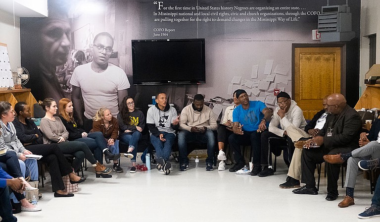 Jackson community members attend the Strong Arms of JXN credible messenger and violence interruption meeting at the COFO Civil Rights Education Center in downtown Jackson, Mississippi on Jan. 28, 2020. Photo by Seyma Bayram