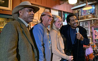 Malcolm Shepherd, Paul Benjamin, Brandi Lee and Bobby Rush pose at the re-presentation of Hal & Mal’s “Keeping the Blues Alive” award held Monday, Feb. 3. Photo courtesy Peggy Brown