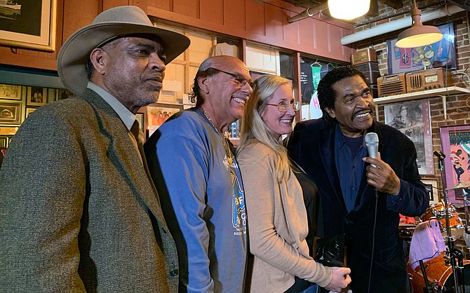 Malcolm Shepherd, Paul Benjamin, Brandi Lee and Bobby Rush pose at the re-presentation of Hal & Mal’s “Keeping the Blues Alive” award held Monday, Feb. 3. Photo courtesy Peggy Brown