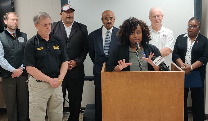 Felecia Bowser, senior meteorologist from the National Weather Service, joined officials from Hinds County and the City of Jackson to warn that the Pearl River has reached a dangerously high crest. Rainfall over the coming week could cause dangerous flooding. Photo by Nick Judin