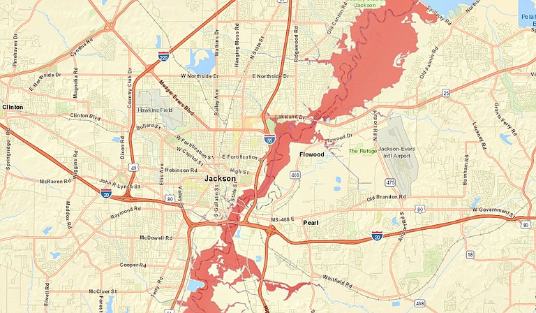 Predicted flood areas if Pearl River reaches 34 feet