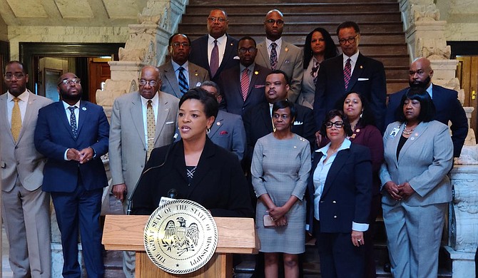 Sen. Angela Turner-Ford, D-West Point, chairwoman of the Mississippi Legislative Black Caucus, presented the group’s agenda for the 2020 legislative session on Feb. 12 in the Capitol rotunda. Health care, education, criminal-justice reform and election reform topped the docket. Photo by Nick Judin