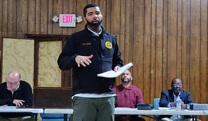 Jackson Mayor Chokwe A. Lumumba spoke in favor of the One Lake project at a west Jackson meeting about flash flooding it would not mitigate. Pictured, from left, Public Works Director Bob Miller, Lumumba, Ward 4 City Councilman De’Keither Stamps and community activist Vernon Hartley. Photo by Nick Judin