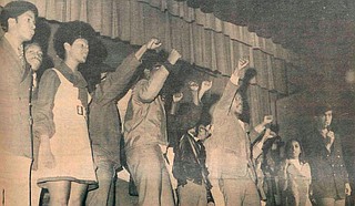 In February 1970, a group of black students burned a Confederate flag and danced on tables in the cafeteria to the music of B.B. King. The next day, almost half of the black students at the university participated in a protest during a campus concert of Up With People. A photo published in the student newspaper at the time showed that some of the protesters stood on stage with their fists in the air—a symbol of the black power movement. During and after the concert, 89 people were arrested and sent to a local jail or to the Mississippi State Penitentiary at Parchman. Photo courtesy The Daily Mississippian