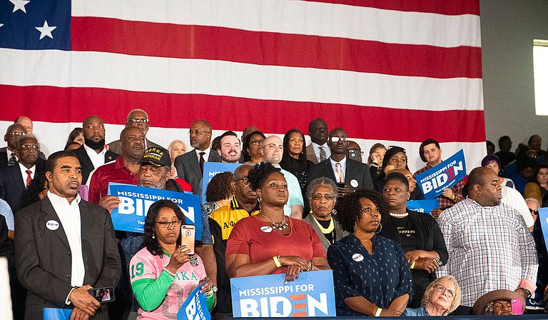 Supporters of Democratic presidential hopeful Joe Biden await his appearance during a rally at Tougaloo College in Jackson, Mississippi on March 8, 2020. On March 10, Biden won the Mississippi primary election with 81.1% of the vote. Photo by Seyma Bayram