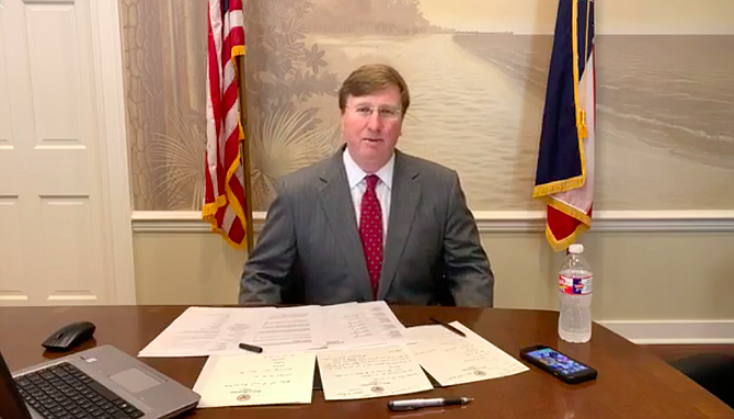 Gov. Tate Reeves announced that he will not order non-essential Mississippi businesses to close or for Mississippians to "shelter in place" to flatten the curve of the coronavirus. He made it clear that business concerns are keeping him from enacting a consistent policy across Mississippi. Photo: Facebook Live