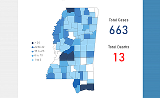 Today’s coronavirus numbers are in for Mississippi, leaving very few white counties on the list, denoting which of our 82 counties do not yet have an official confirmed case. Today, MSDH added 84 cases to bring the total to 663 with 13 deaths. Of 82 counties, 71 now are reporting at least one case of COVID-19. Map by MSDH