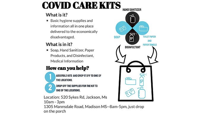 The Jackson COVID-19 Community Food and Aid Coalition is assembling care packages containing hygiene items to help deter the virus. Those who would to participate may drop off kits or supplies for kits at one of the listed locations. Graphic courtesy Jackson Community COVID Response