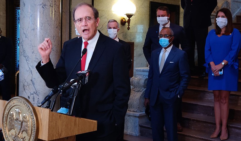 Flanked by lawmakers, Lt. Gov. Delbert Hosemann held a press conference Friday, May 1, detailing the Legislature’s belief that it oversees CARES Act appropriations, in opposition to Gov. Tate Reeve’s plan to use his emergency powers to control the funds. Photo by Nick Judin