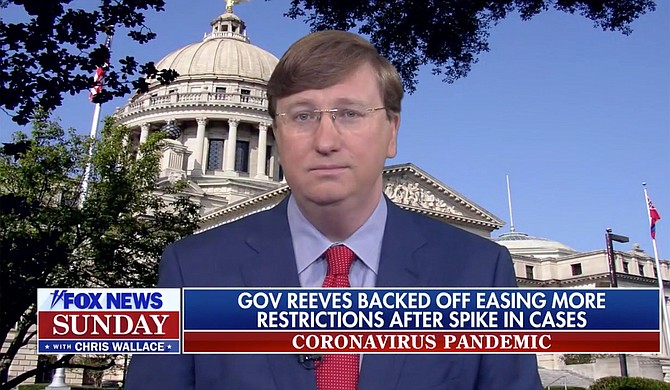 Gov. Tate Reeves says Mississippi will continue to reopen, though it does not meet the White House-mandated standards for doing so, which require 14 days of decline in new COVID-19 cases. Screenshot courtesy Fox News.