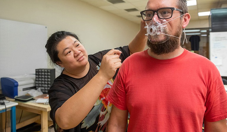 Anna Wan, mathematics professor at USM, used a 3-D printer to make 250 respirator masks for medical professionals in the Pine Belt who are treating COVID-19 patients. Photo courtesy USM