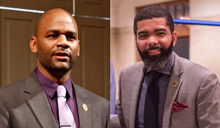 Ward 4 Councilman De’Keither Stamps (left) successfully proposed a transfer of Siemens settlement funds for use on the Highway 80 corridor, but Mayor Chokwe A. Lumumba (right) is not pleased. Photos by Imani Khayyam/File photo and City of Jackson.