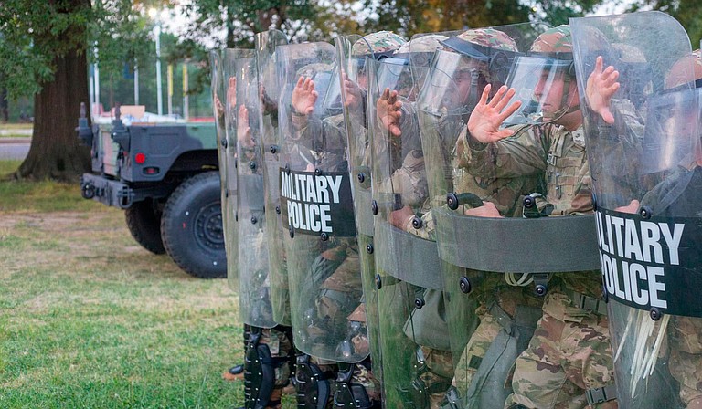 Soldiers with the Mississippi Army National Guard train on counter-riot tactics at the Joint Force Headquarters in Washington, D.C., on June 3, 2020. The Guardsmen are part of Task Force Magnolia, the Mississippi National Guard’s response to civil unrest throughout the country. U.S. Army National Guard Photos by Spc. Jovi Prevot