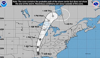 Tropical Storm Cristobal weakened into a depression early Monday after inundating coastal Louisiana and ginning up dangerous weather along most of the U.S. Gulf Coast, sending waves crashing over Mississippi beaches, swamping parts of an Alabama island town and spawning a tornado in Florida. Photo courtesy NOAA