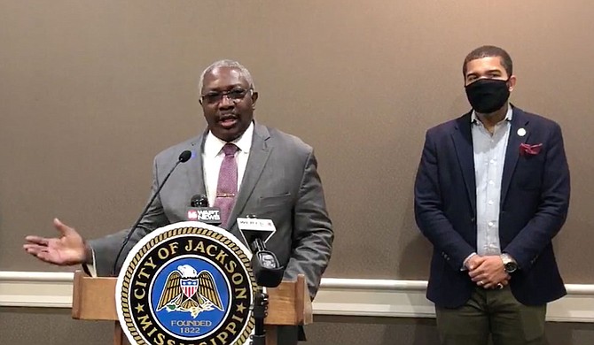 Sen. John Horhn, D-Jackson, tells media about a new bill to lower capital-city residents’ water bills and help the City’s bond rating. It is on Gov. Tate Reeves’ desk for signature. Photo City of Jackson
