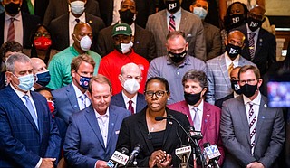 University coaches and Christian ministers filled the Mississippi Capitol on Thursday, urging legislators to seize the moment and remove the Confederate battle emblem from the state flag while Americans are reckoning with difficult discussions about race and history. Photo courtesy Mississippi State Women's Basketball