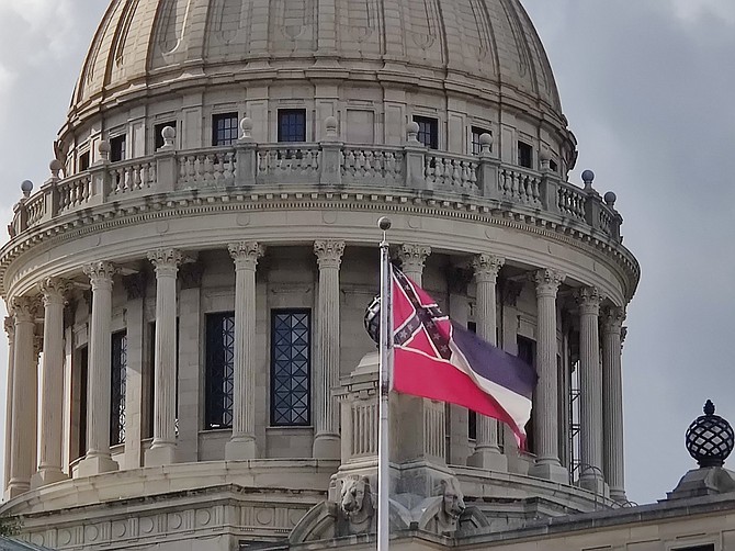 The Mississippi State Flag, with the Confederate battle emblem in its canton, faces its greatest challenge in over 20 years, with passage by the Mississippi House of H.B. 1796, a bill to replace it as the official flag. Photo by Nick Judin