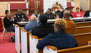 Attorney and activist Rukia Lumumba (left) addresses attendees of a public forum on gun violence in Jackson at the Mt. Helm Baptist Church in downtown Jackson on Jan. 20, 2020. Photo by Seyma Bayram