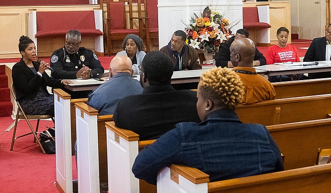 Attorney and activist Rukia Lumumba (left) addresses attendees of a public forum on gun violence in Jackson at the Mt. Helm Baptist Church in downtown Jackson on Jan. 20, 2020. Photo by Seyma Bayram