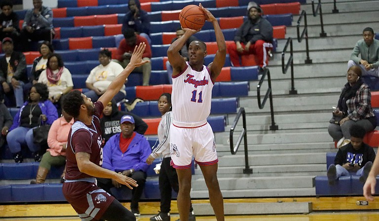 One Tougaloo player that was enjoying a great campaign was senior forward Ledarius Woods. He was named First-Team All-GCAC to end the regular season and named to the conference's All-Tournament team. Photo courtesy Tougaloo Athletics