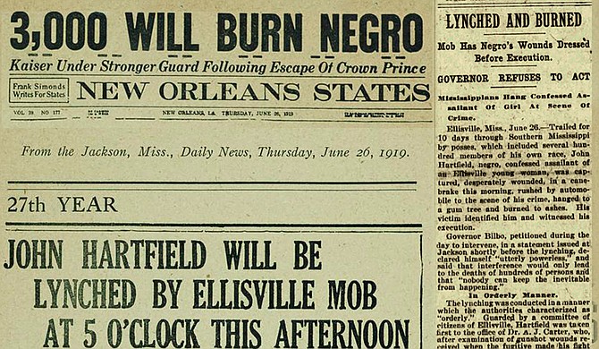 Southern newspapers, including the Jackson Daily News, announced the lynching of John Hartfield in Ellisville before it happened, probably helping increase the crowds that watched and later mailed postcards about his brutal lynching. Hartfield was accused of sexual assault of a white woman, but was offered no due process during the Red Summer of 1919 when white people were murdering and brutalizing Black people across the U.S., as well as burning their homes and businesses. Clippings: Newspapers.com