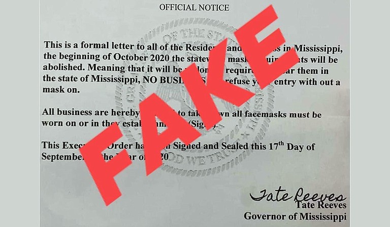 A letter circulating on social media claiming to be from the office of Mississippi Gov. Tate Reeves and abolishing the statewide mask mandate is fake, Mississippi Emergency Management Agency officials said Sunday. Photo courtesy MEMA