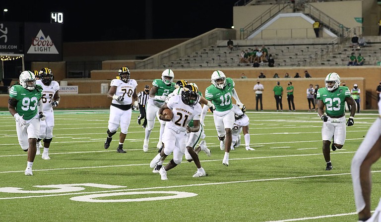 Freshman running back Frank Gore, Jr., the son of NFL running back Frank Gore, led USM in rushing in the game against the University of North Texas—the first win for the Golden Eagles this fall 2020 season. Courtesy USM