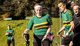 Athletes, including Jackson Quidditch Association founder Phillip Keck (second from right), play a quidditch match at the Oslo Open 2019 in Oslo, Norway. Photo by Fotograf Petter Elstad