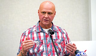 Ronnie Pollard, a former lieutenant with the DeSoto County Sheriff's Department, explains why he is in support of Initiative 65, a strictly regulated medical marijuana program, that is on the general election ballot this November, during a Wednesday, Oct. 22, 2020 news conference in Jackson. Photo by Rogelio V. Solis via AP